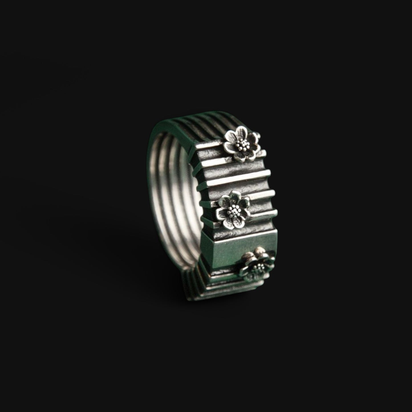 silver wabi sabi ring with flowers