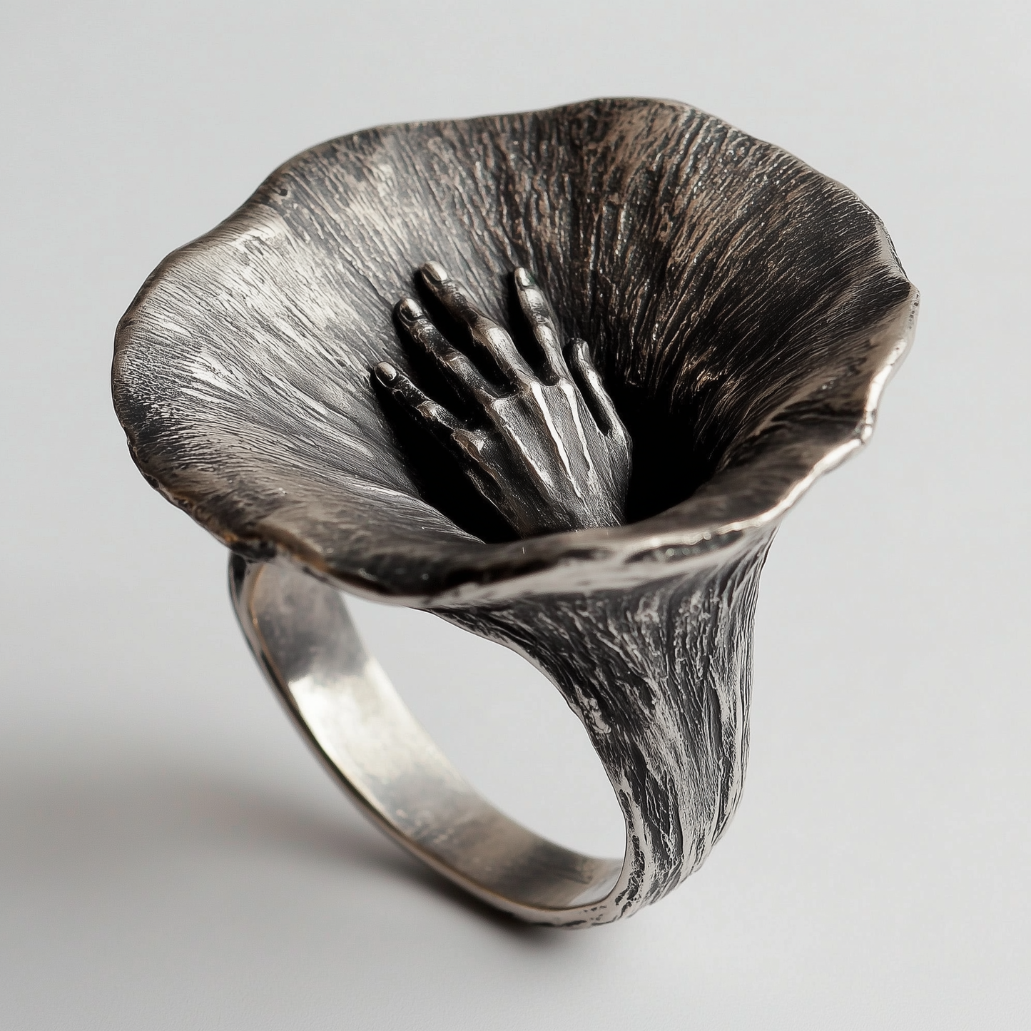 Flower Hand Black Ring