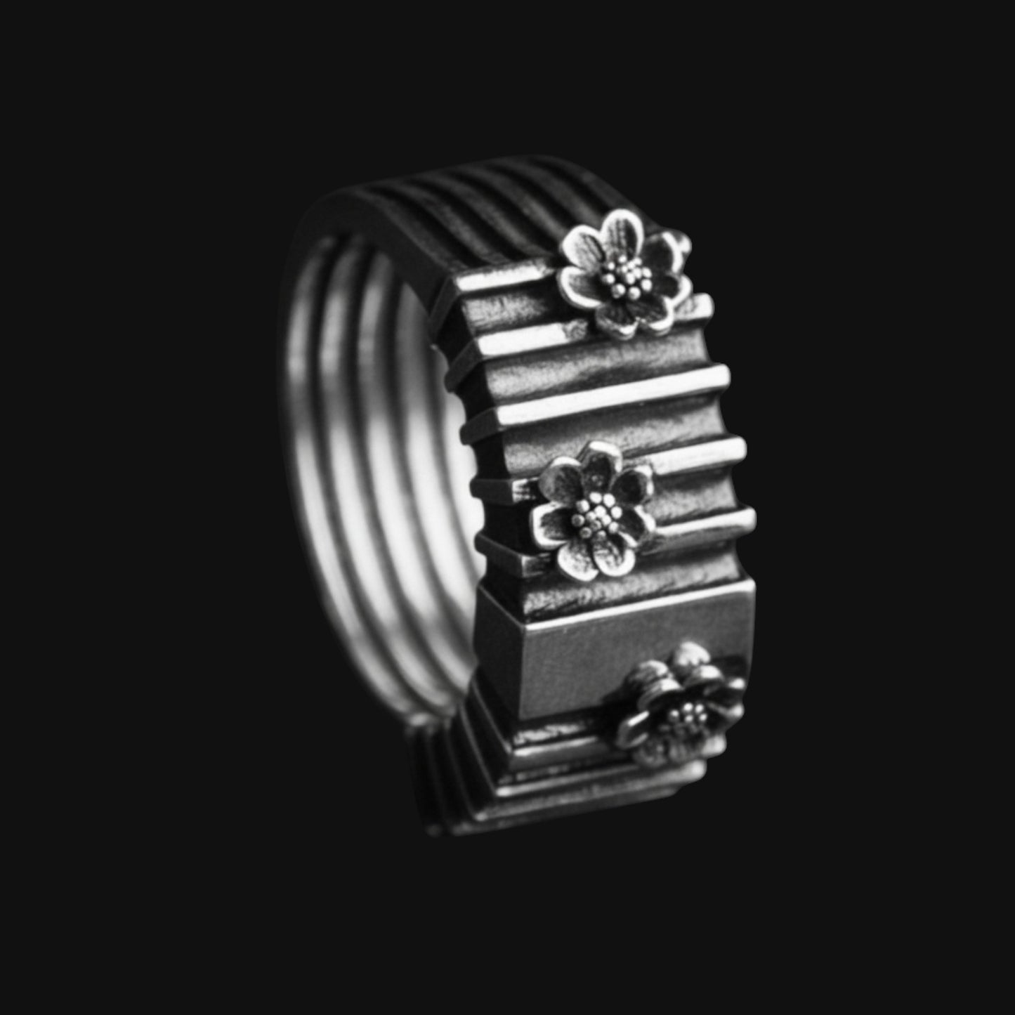 Geometric Silver Ring with Flowers