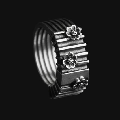 Geometric Silver Ring with Flowers