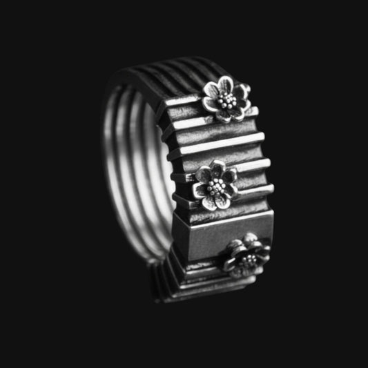Geometric Silver Ring with Flowers