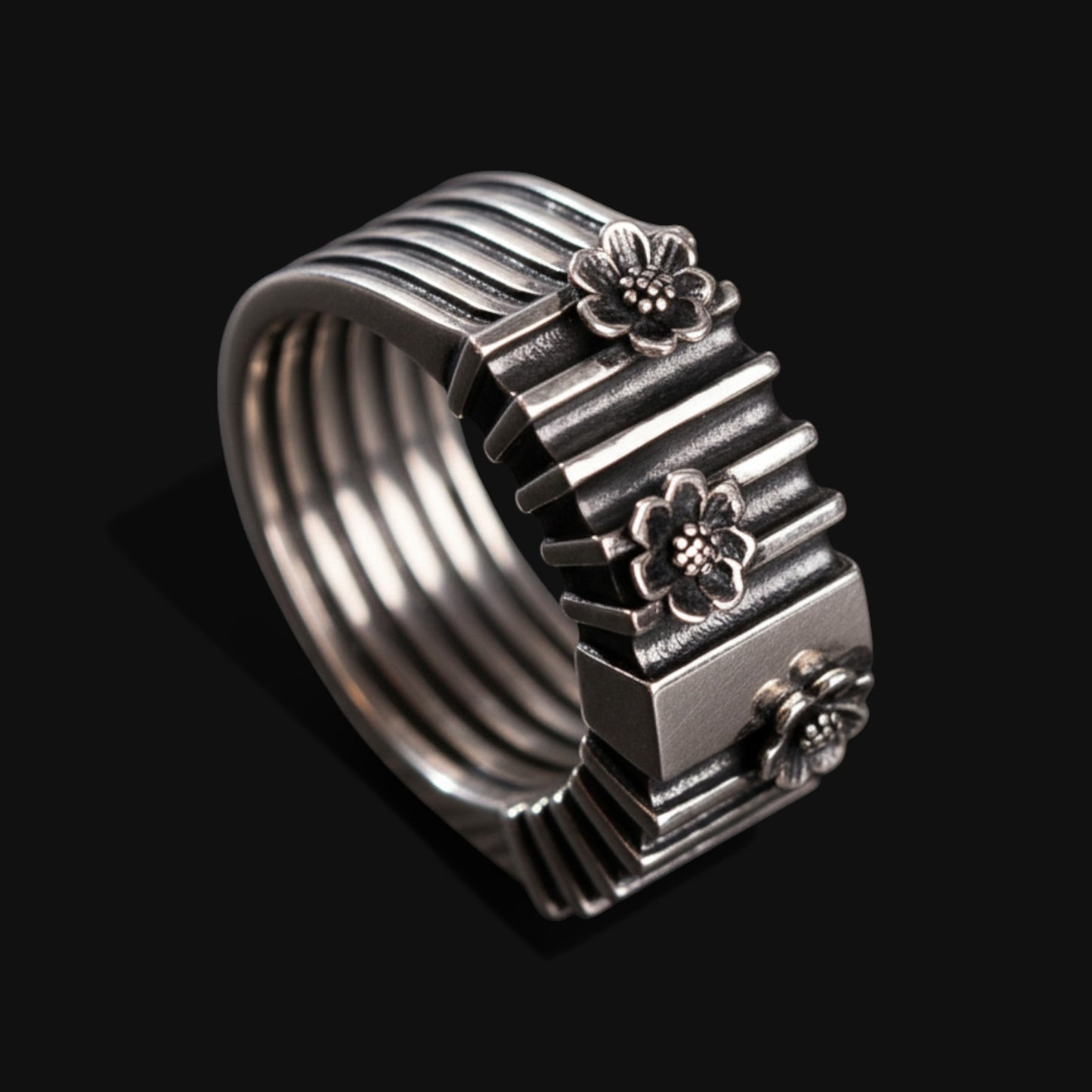Geometric Silver Ring with Flowers