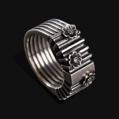 Geometric Silver Ring with Flowers