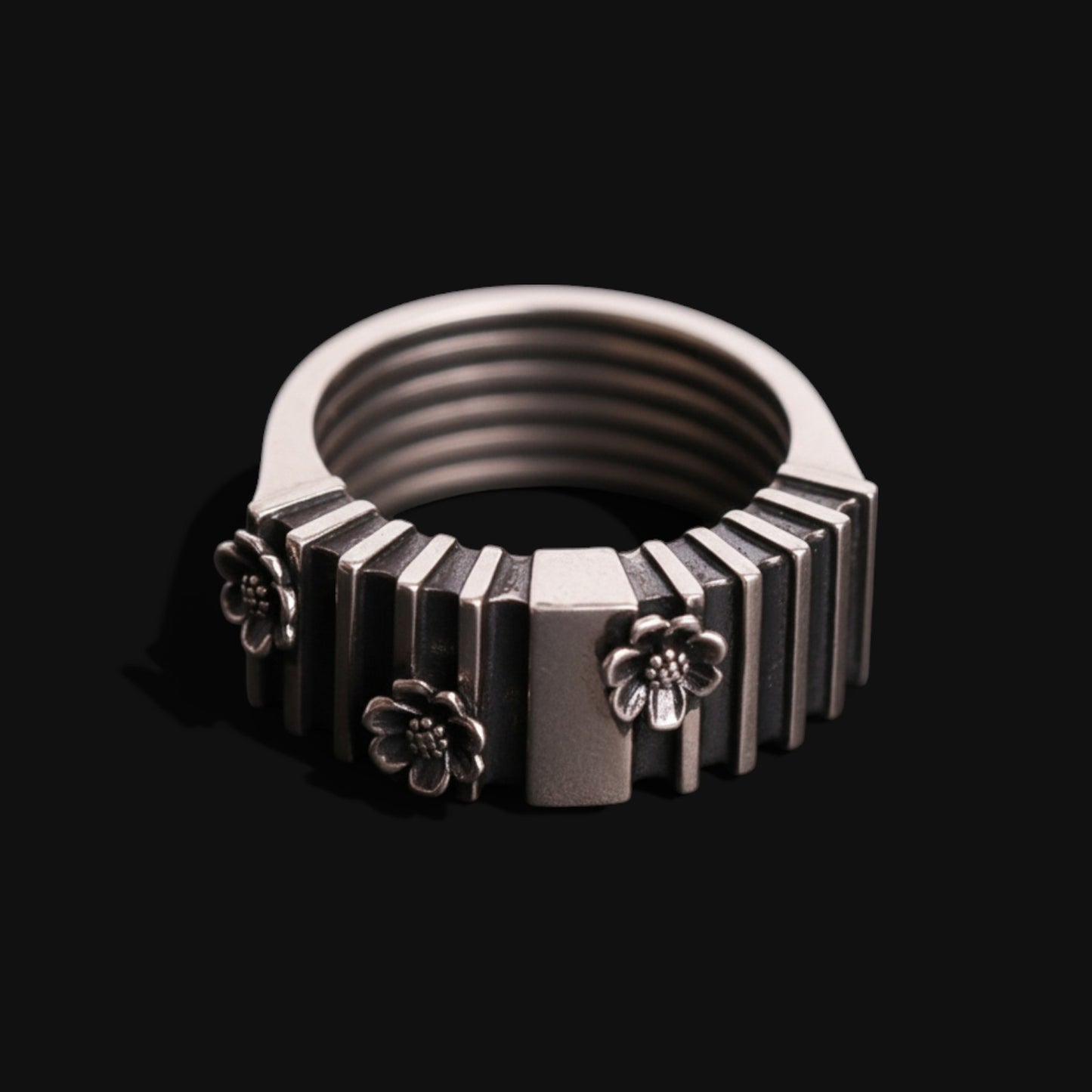 Geometric Silver Ring with Flowers