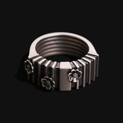 Geometric Silver Ring with Flowers