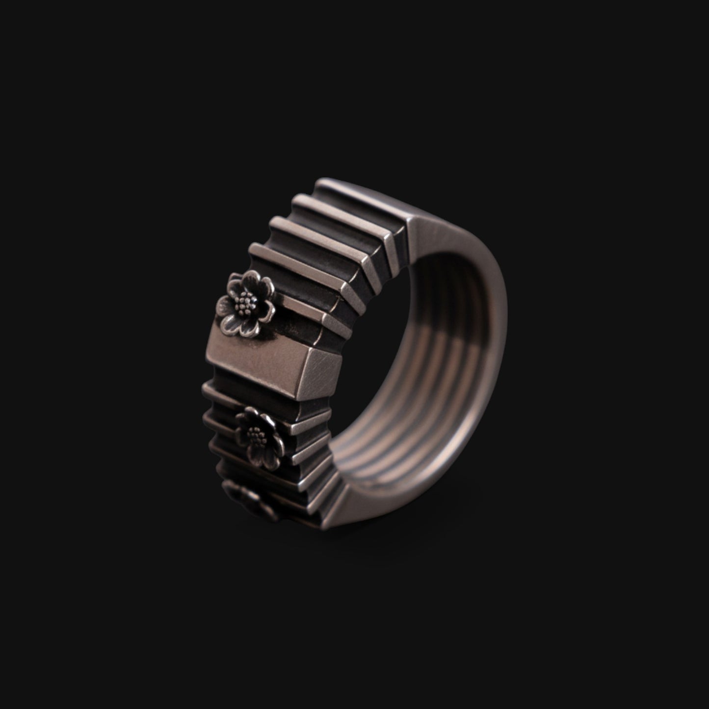 Geometric Silver Ring with Flowers
