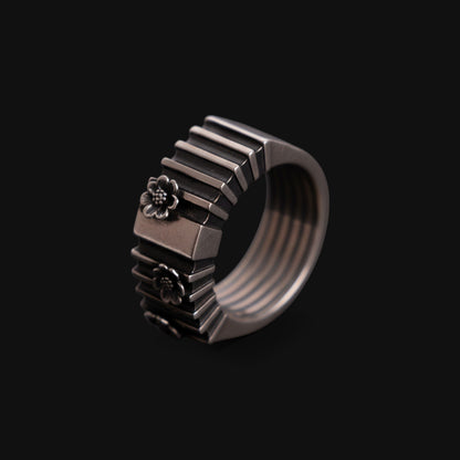 Geometric Silver Ring with Flowers