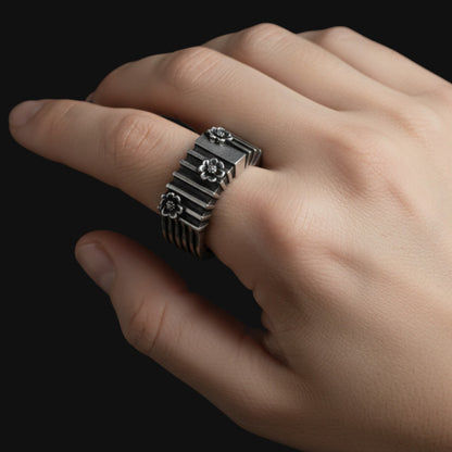 Geometric Silver Ring with Flowers