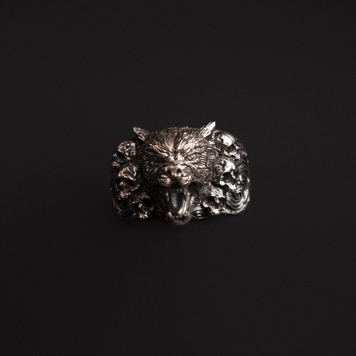 Wolf and Skulls Silver Ring