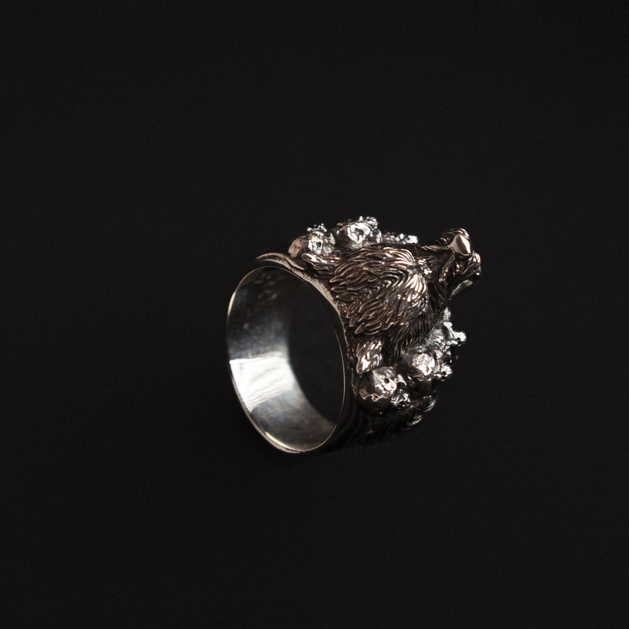Wolf and Skulls Silver Ring