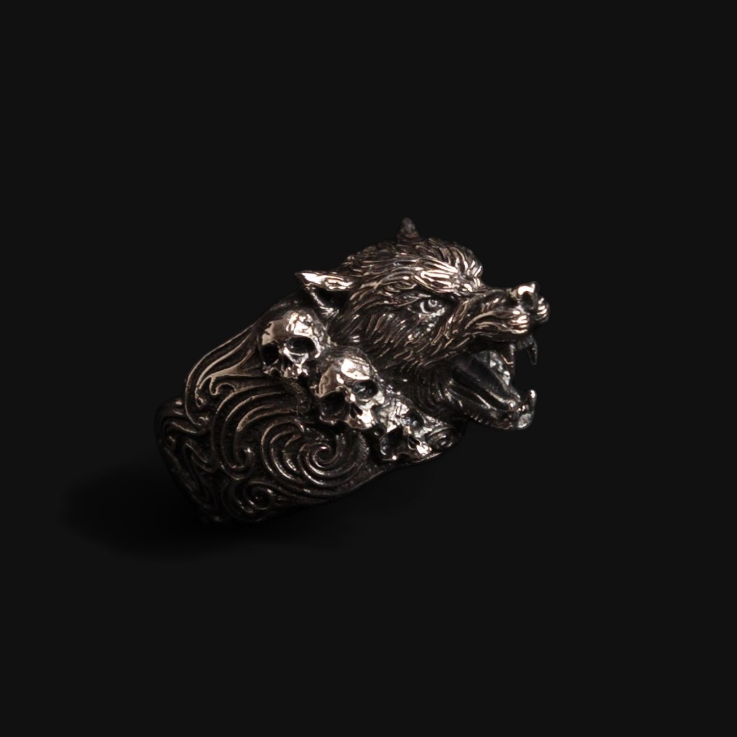 Wolf and Skulls Silver Ring