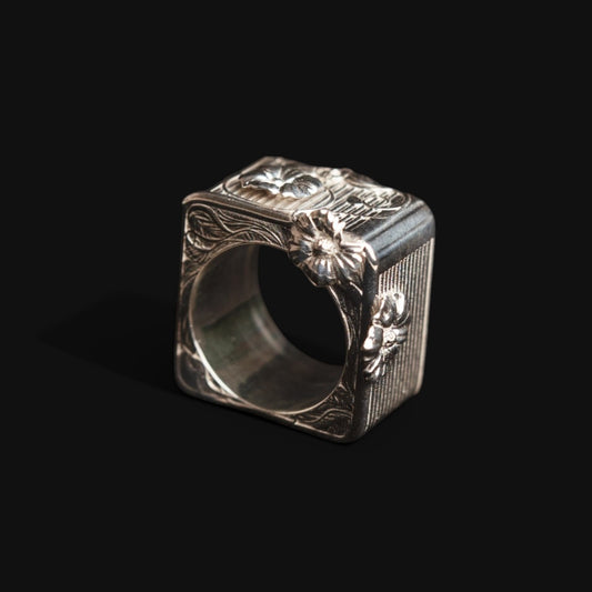 Floral Square Silver Statement Ring