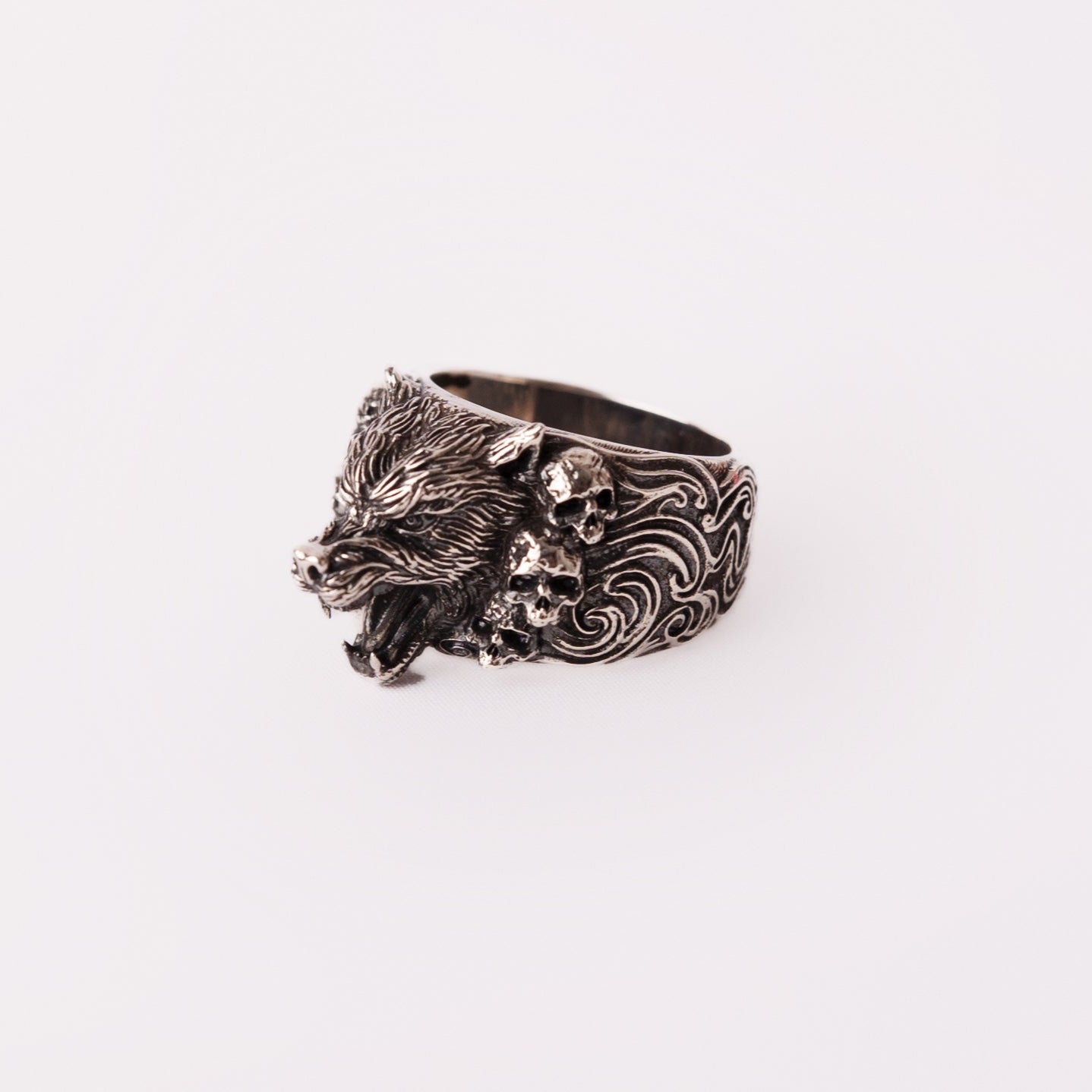 Wolf and Skulls Silver Ring
