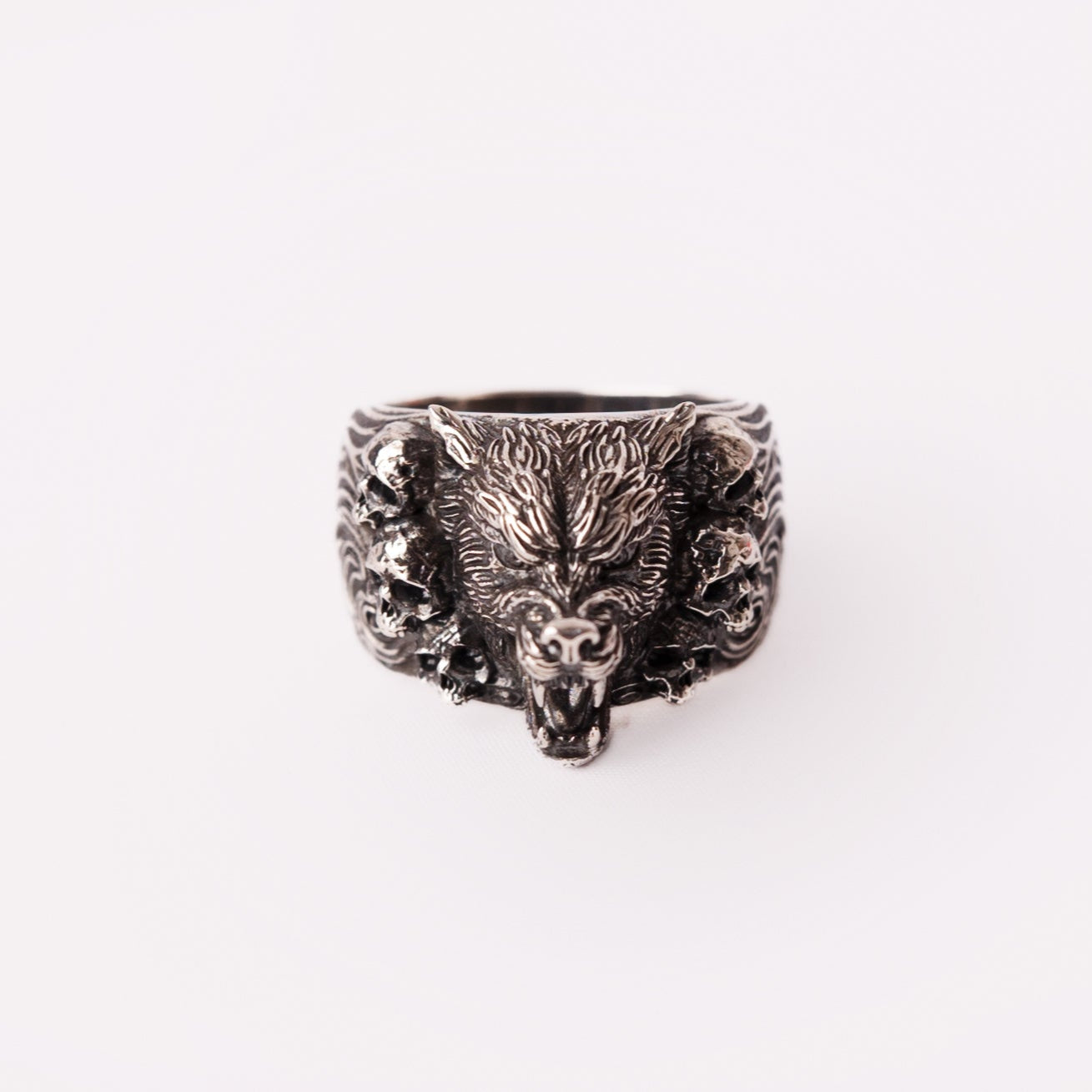 Wolf and Skulls Silver Ring