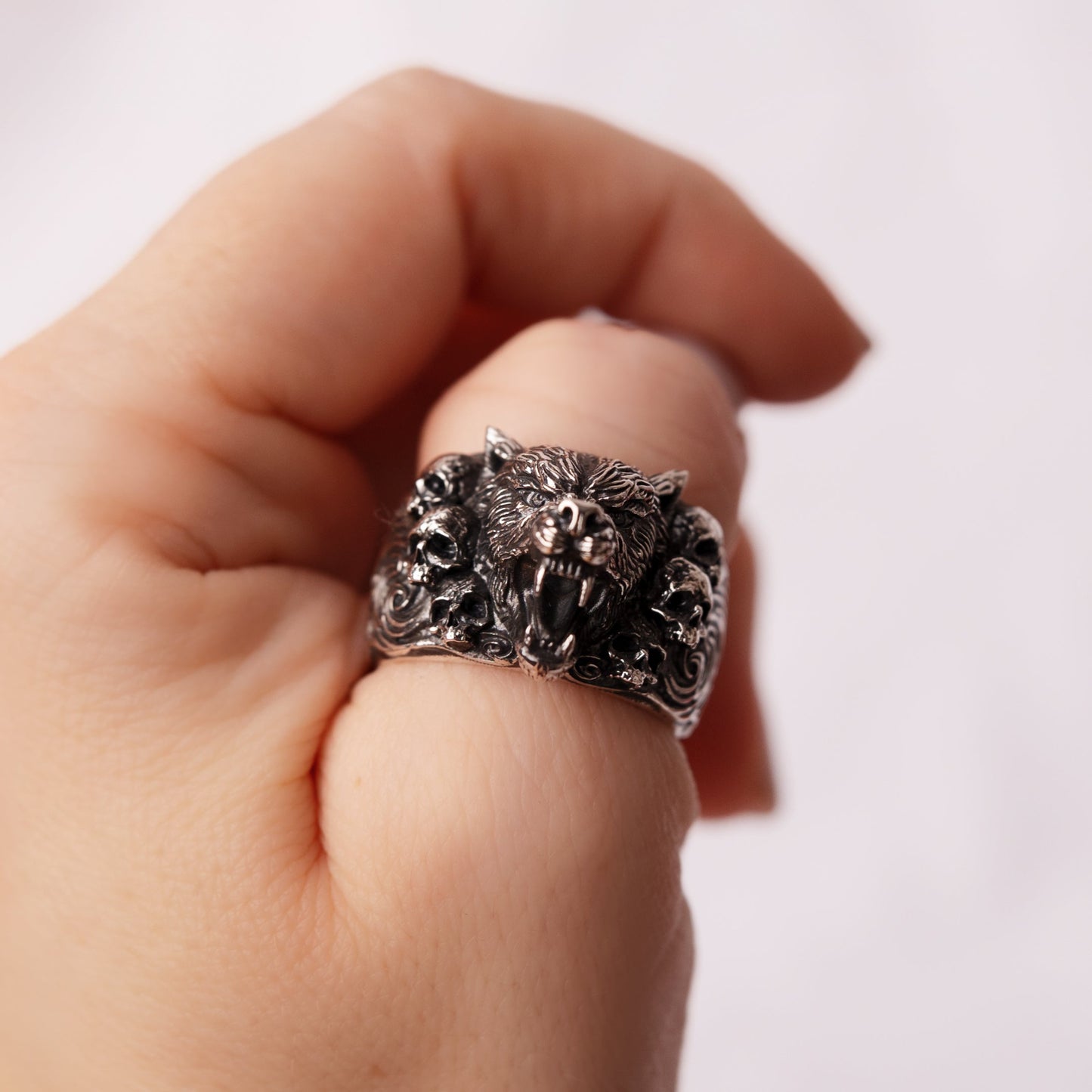 Wolf and Skulls Silver Ring