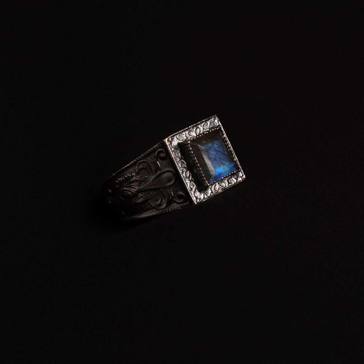 unique oxidized silver ring with semiprecious stone