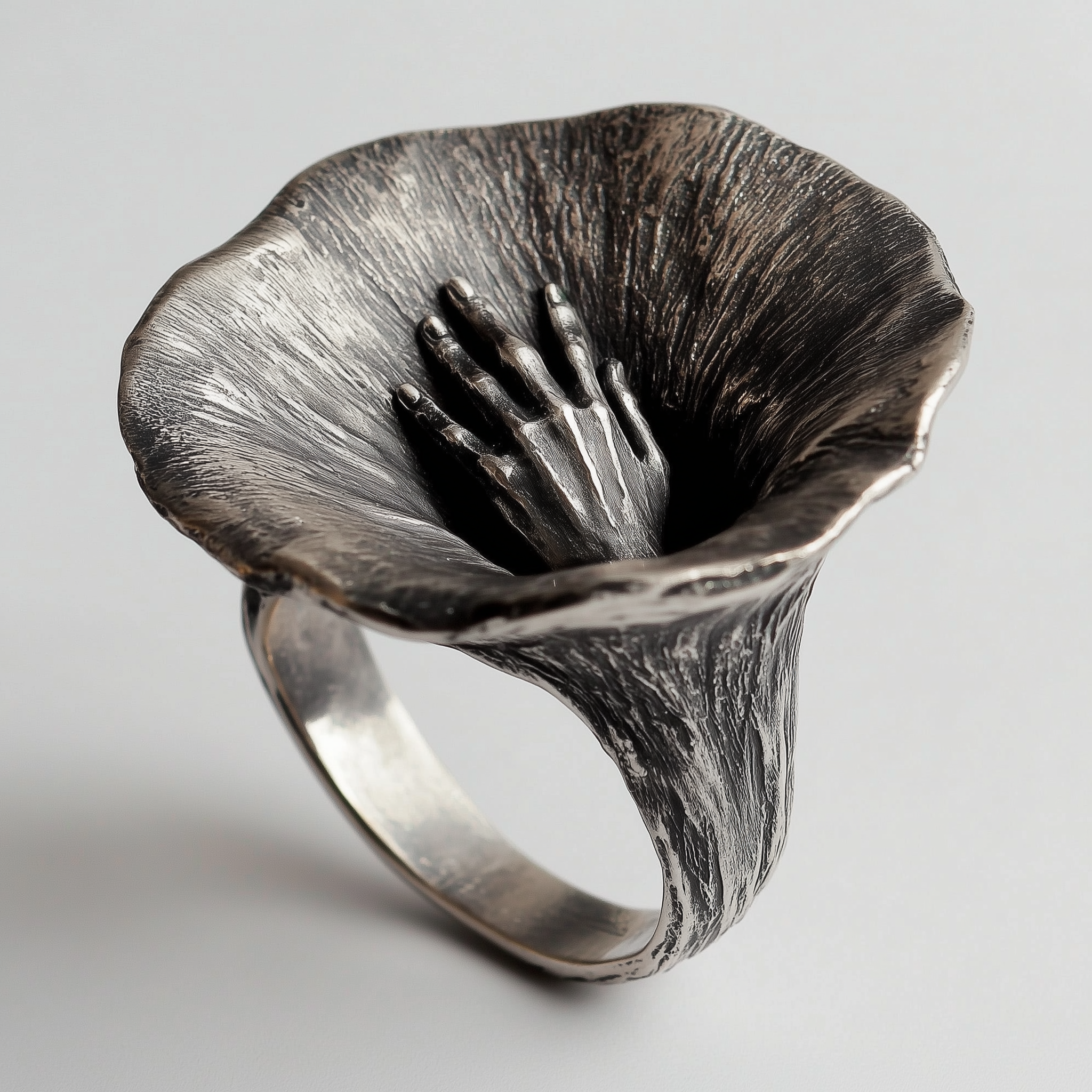 Flower Hand Black Ring