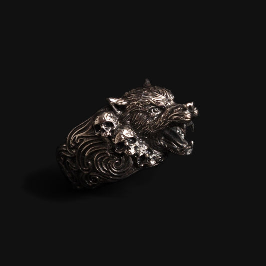 tribal wolf ring in sterling silver